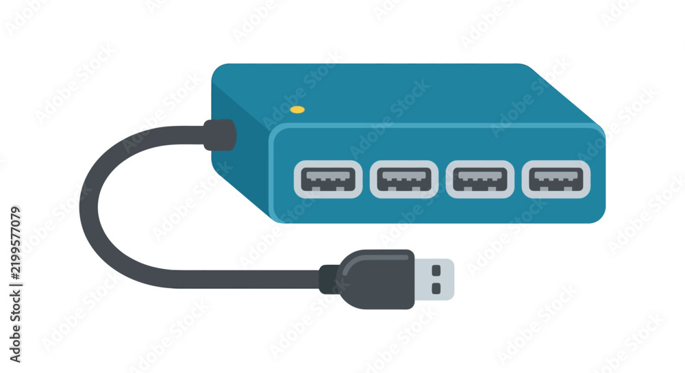 Obraz premium Usb hub with multiple ports and a connecting cable is illustrated in a flat style