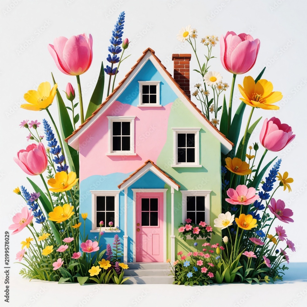Fototapeta premium Colorful cottage with pink walls, blue trim stands surrounded by huge bright flowers. Vibrant garden with tulips, lavender, daisies grows around small home. Spring landscape concept featuring