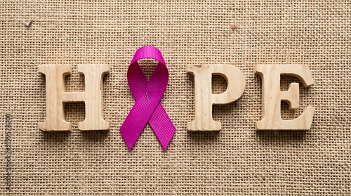 Breast Cancer Awareness Month Wooden letters spell HOPE with a pink ribbon on burlap fabric hope breast cancer awareness