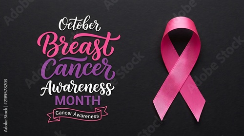 Pink breast cancer awareness ribbon and colorful text October Breast Cancer Awareness Month pink ribbon