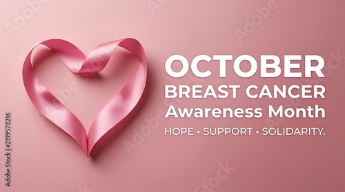 Pink Satin Ribbon Shaped into a Heart with Text Breast Cancer Awareness Month October pink ribbon support