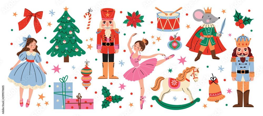 Obraz premium Nutcracker Christmas vector illustration set with Clara, ballerina, Mouse King, toy soldiers, horse and festive decorations. Cute fairytale winter holiday collection for design and greeting cards.