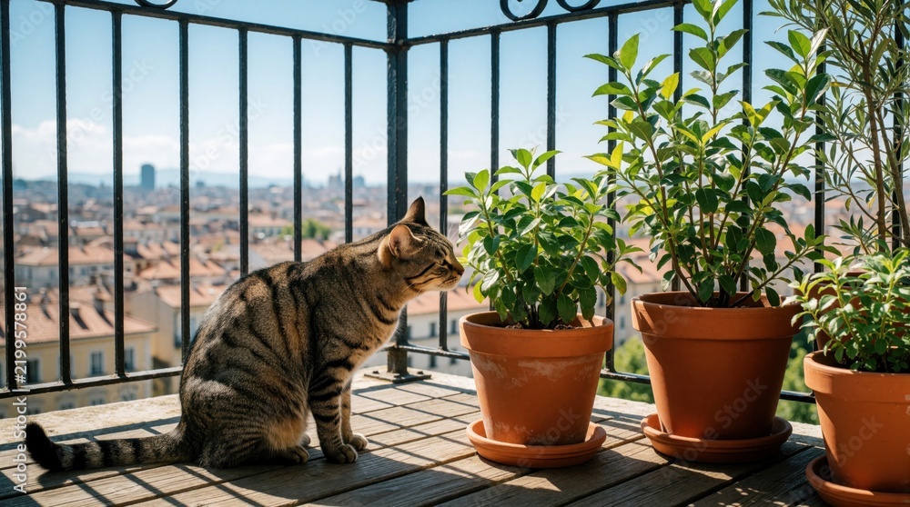 Fototapeta premium Tabby cat sniffs potted plants on sunlit balcony with city view. Curious pet explores green plants on warm daytime terrace. Urban feline enjoys habitat outdoors.