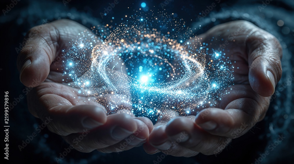 Fototapeta premium Human hands hold glowing cosmic energy ball. Blue holographic light particles swirl in palms like nebula galaxy. Spiritual connection through magic stardust, futuristic technology concept. Ethereal