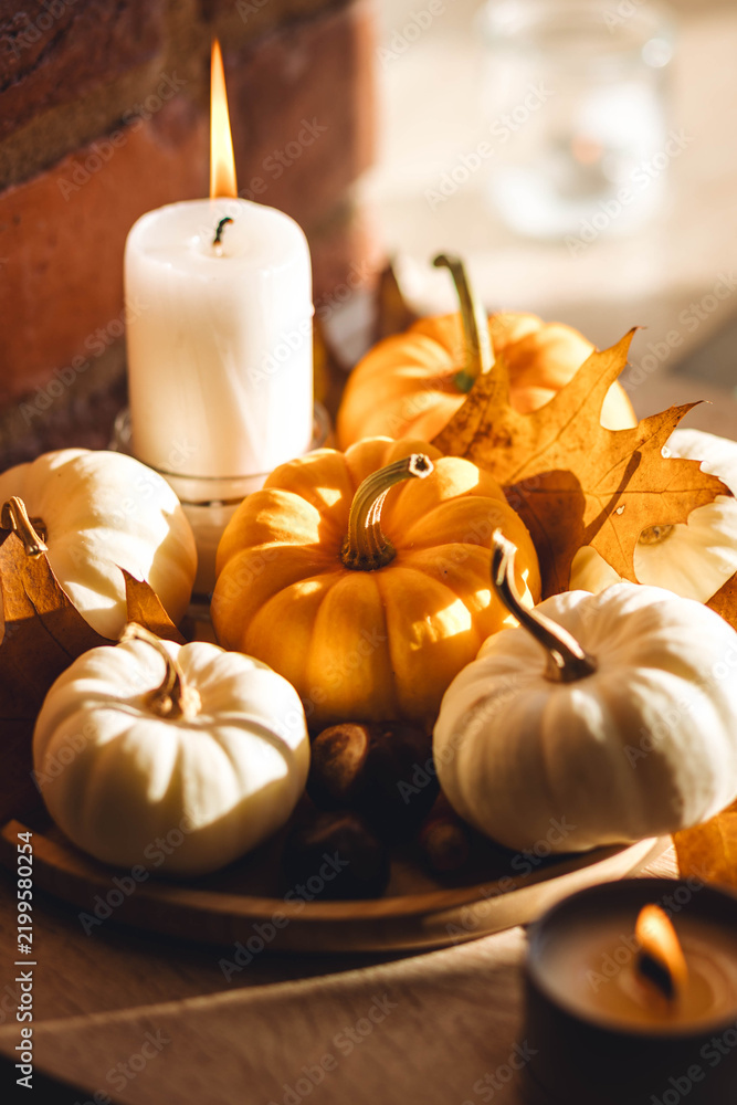 Obraz premium Cozy home decoration on the windowsill with little pumpkins and candles. Aromatherapy for fall season. Aesthetics, seasonal atmospheric vibes. Thanksgiving dinner decor idea.