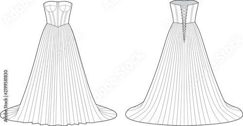 Strapless Ball Gown Front Back Lace Up Train Fashion Sketch