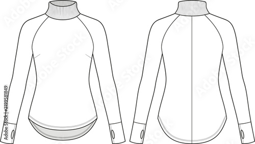 Turtleneck Bodysuit Front Back Raglan Sleeve Cuff Fashion Sketch