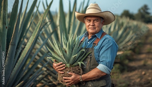 Proud Mexican Farmer in Traditional Hat Holding a Freshly Harvested Blue Agave Plant in a Sunlit Agave Field, Representing Tequila Production, Agriculture