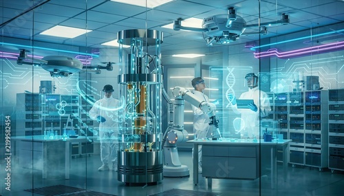 Futuristic Science Laboratory with Scientists in Protective Suits, Robotic Arm, Drones and Holographic DNA Displays in High-Tech Research Facility