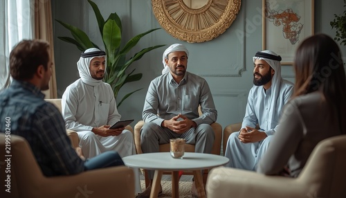 Middle Eastern Men in Traditional Dress Sitting in a Circle for a Group Therapy Discussion in an Elegant Living Room, Representing Communication, Support