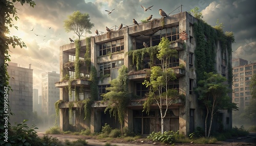 Abandoned Overgrown Urban Building Covered in Vines and Trees with Birds Nesting, Post-Apocalyptic Nature Reclaiming City Concept Art