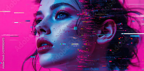 Surreal Glitchcore Close-Up Portrait of a Woman's Face Dissolving into Digital Pixels and Neon Data Fragments, Symbolizing Artificial Intelligence, Technology