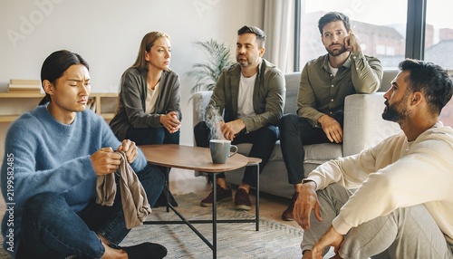 Support Group Session with Diverse People Sitting Together in Living Room, Showing Concerned Expressions During Mental Health Group Therapy Discussion