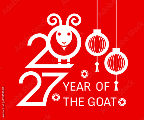 Vector red typographic poster featuring the Chinese zodiac of the Goat. Lunar New Year 2027 decoration. Year of the goat.