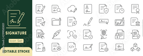 Digital signature and electronic document approval line icon set. Featuring biometric verification, legal paperwork, and secure agreement. Editable vector.
