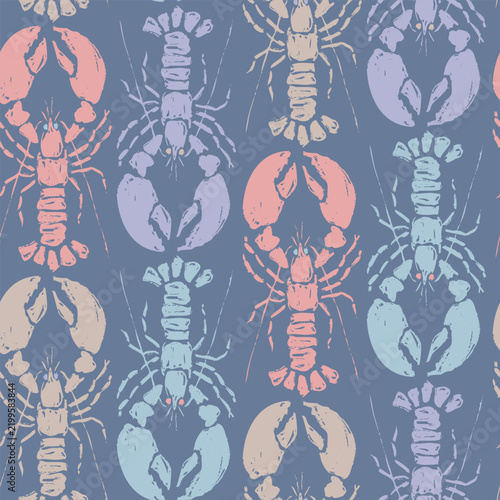Vector vintage pattern of lobsters. Vector seamless pattern of vintage red and beige lobsters on navy background.