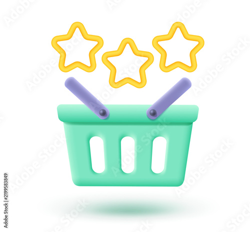Vector realistic icon of a shopping basket in 3D style with sparkling stars.