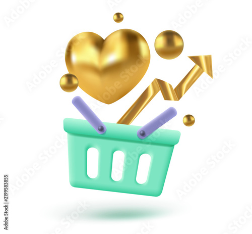 Vector realistic icon of a shopping basket in 3D style with golden heart and gold arrow.