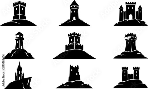 Dark silhouette of a castle tower atop a hill against a white background silhouette
