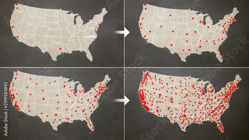 Four stage map sequence showing expanding locations across the United States, representing nationwide growth, business expansion, market reach, and distribution