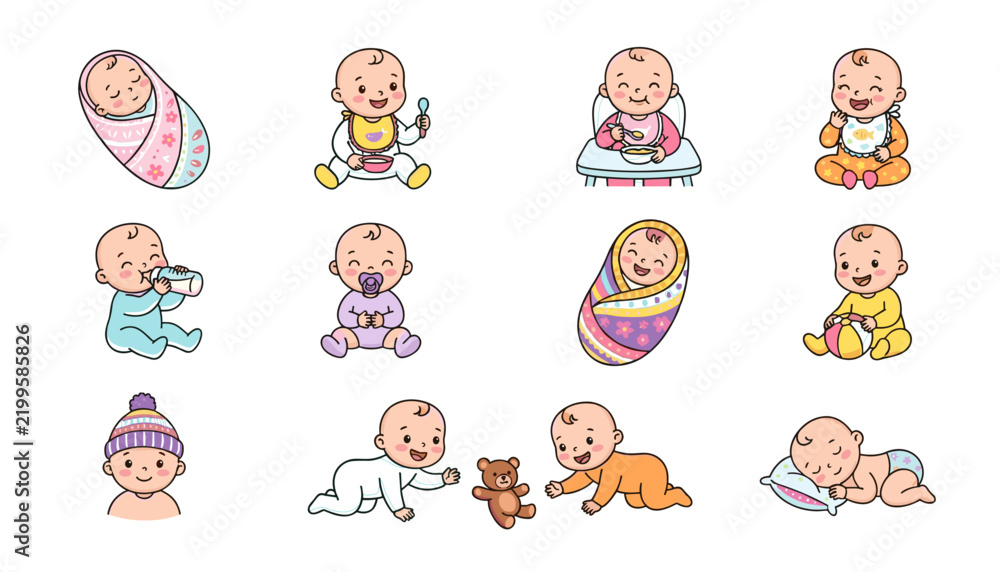 Obraz premium Baby Icons Set with Various Activities, Including Feeding, Sleeping, Crawling