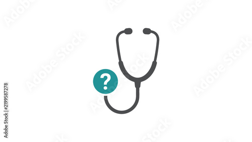 Stethoscope medical diagnostic icon featuring a blue question mark symbol for professional health care research analysis