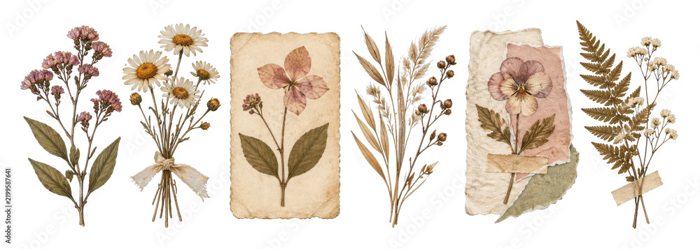 Obraz premium PNG Vintage botanical herbarium collection with dried flowers and foliage
