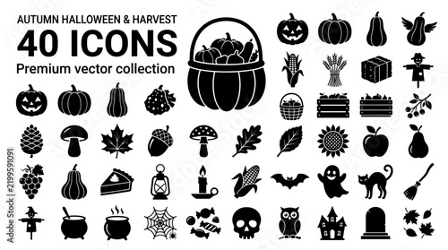 Halloween: 40 Black & White Autumn Icons Vector Collection