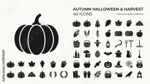 Halloween pumpkins, icons, and autumn harvest 40 icons vector