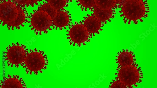 Red virus cells floating on green screen background