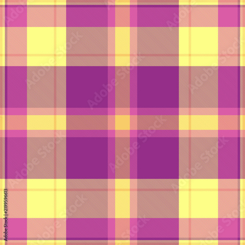 Vibrant plaid pattern featuring intersecting purple, magenta, and yellow lines. This seamless tartan fabric texture is ideal for textile design, fashion apparel, stationery, and creative projects.