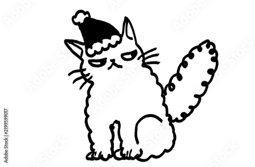 Hand-drawn monochrome vector illustration of a grumpy fluffy cat wearing a Santa hat.