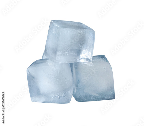 3 big ice cubes heap isolated on transparent background. Cut out drink element PNG. Photo for cold tea, cooling  summer cocktail, sweet beverages packaging. Close up food image. Sharp detailed texture
