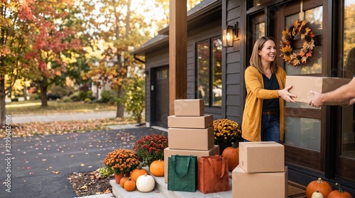 October prime fall shopping events photo of delivery person handing package to woman at porch