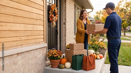 October prime fall shopping events photo of delivery person handing box to woman at home doorstep   
