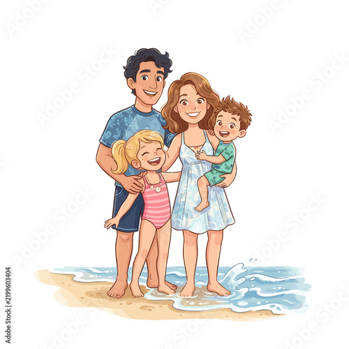 Happy cartoon family enjoying a summer day at the beach
