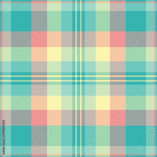 A seamless plaid textile pattern featuring soft pastel pink, turquoise, and yellow hues. This elegant geometric design evokes a sense of nostalgic comfort. Nobody, no people, background graphic.
