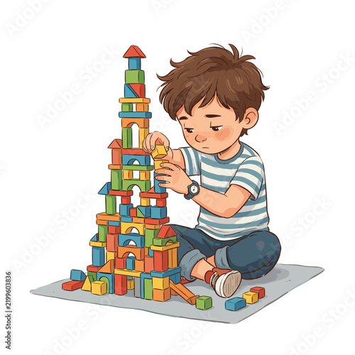 Young boy building a tall tower with colorful wooden blocks