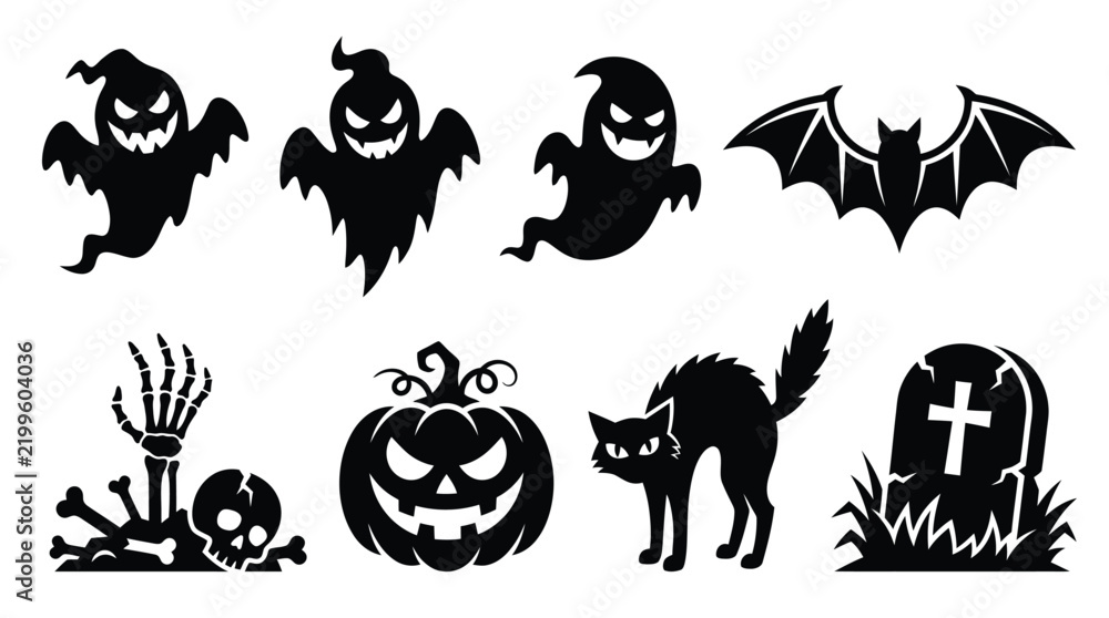 Fototapeta premium Spooky halloween vector icon set featuring ghosts bats pumpkin skeleton hand cat and ornate gravestone