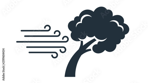 Minimalist black icon showing a tree swaying during strong wind gusts in a simple style