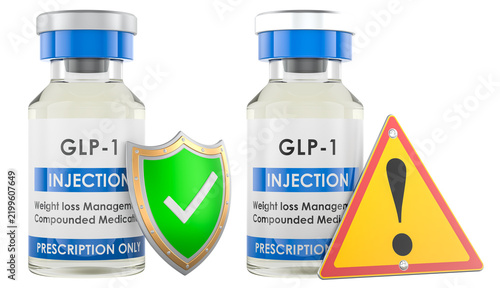 GLP-1 injection vials with safety shield and warning sign for weight loss medication risk, fake and prescription treatment concept, 3d rendering
