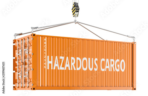 Hazardous Cargo shipping container lifted by crane for dangerous goods transport. 3D rendering