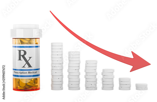 Prescription medication tapering with decreasing pill dosage and down arrow. 3D rendering