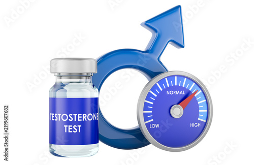 Testosterone test with male symbol and hormone level gauge. 3D rendering