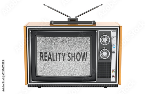 Reality Show concept with retro television and static screen, antenna. 3D rendering