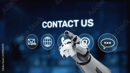 Cuadro en lienzo A futuristic robotic hand extends towards contact icons, representing innovation in technology and modern communication methods in today digital world