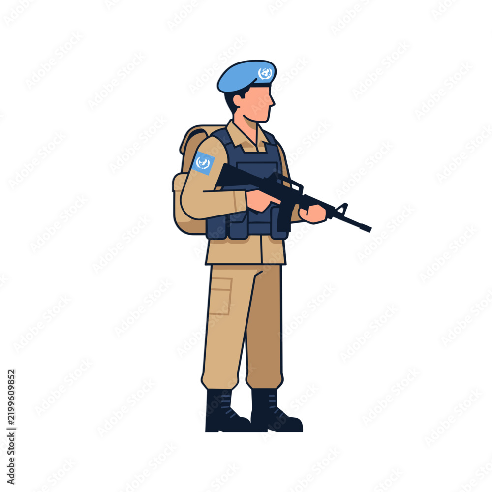 Fototapeta premium United Nations peacekeeper standing with a weapon in a neutral position