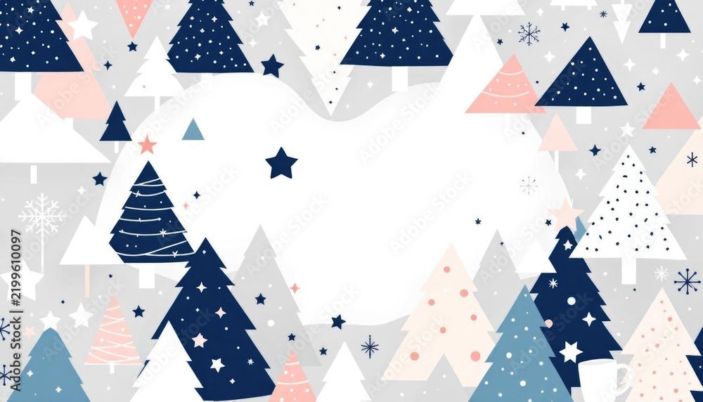 Obraz premium Festive winter wonderland with stylized christmas trees and stars in pastel and navy tones