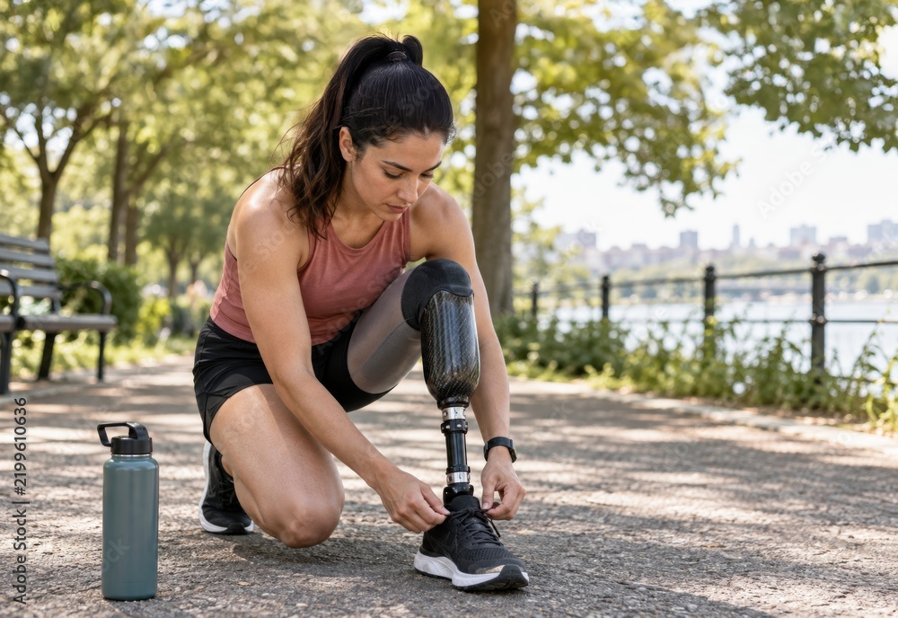 Fototapeta premium Young woman with prosthetic leg ties shoelaces while preparing for running on a sunny day in the park. concept of perseverance, fitness, adaptive sports