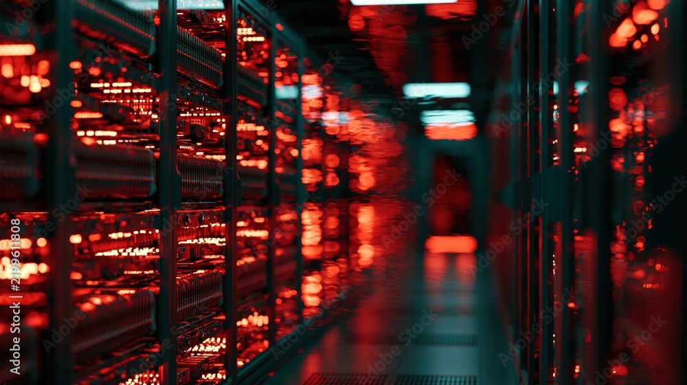 Fototapeta premium Futuristic Server Room with Rows of Glowing Red Lights and Data Racks